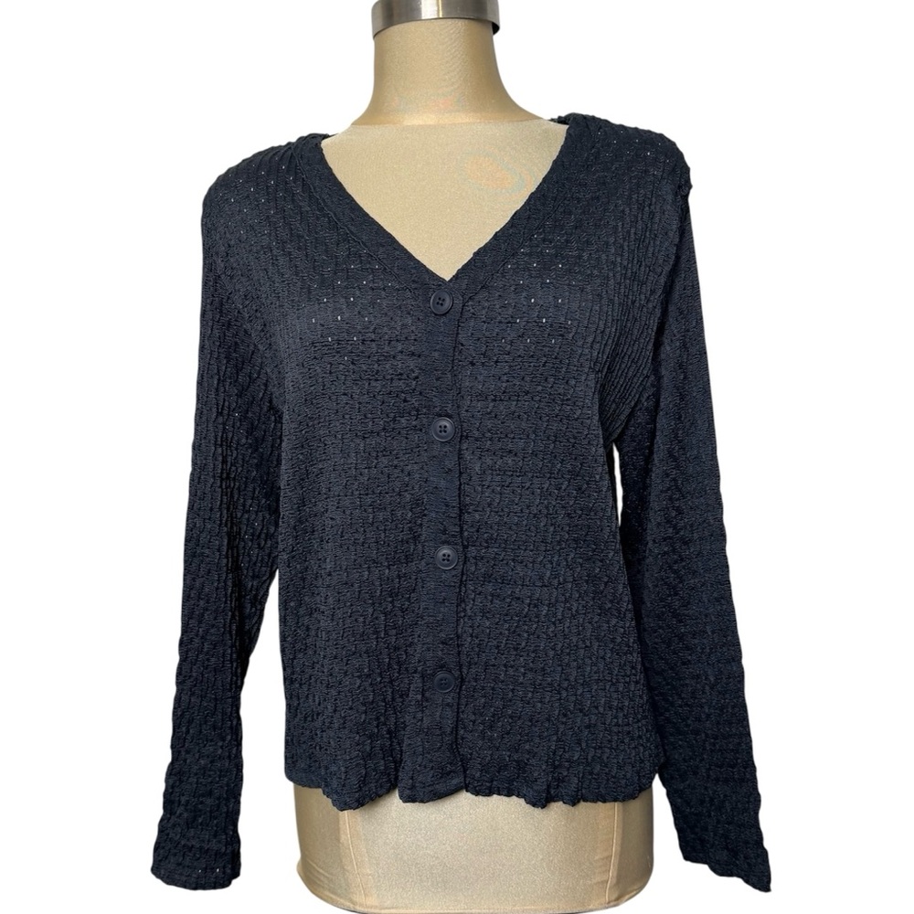 DR2 Navy Blue Textured Open Knit Cardigan XL Lightweight Button Front Minimalist